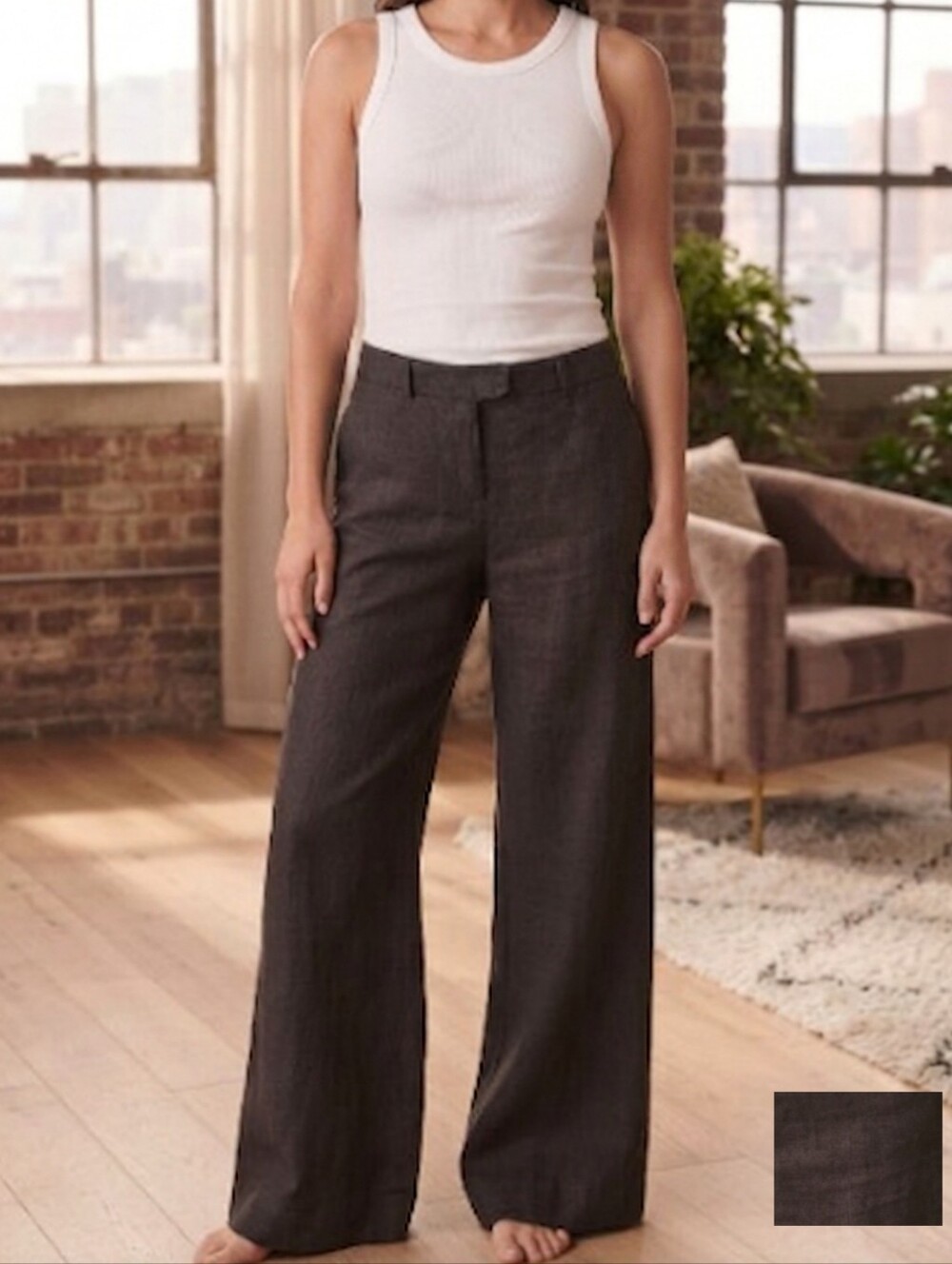 Theory Women's Brown Linen Blend Wide-Leg Trousers Pants Size Small